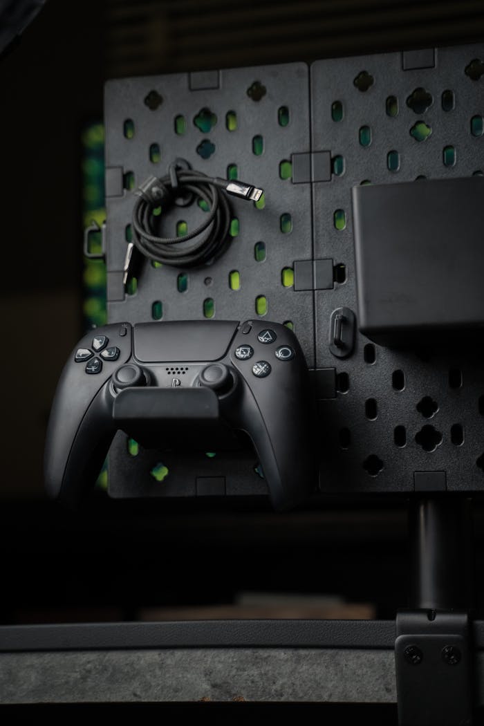 Black gaming controller mounted on a perforated wall with USB cable. Ideal for gamers.